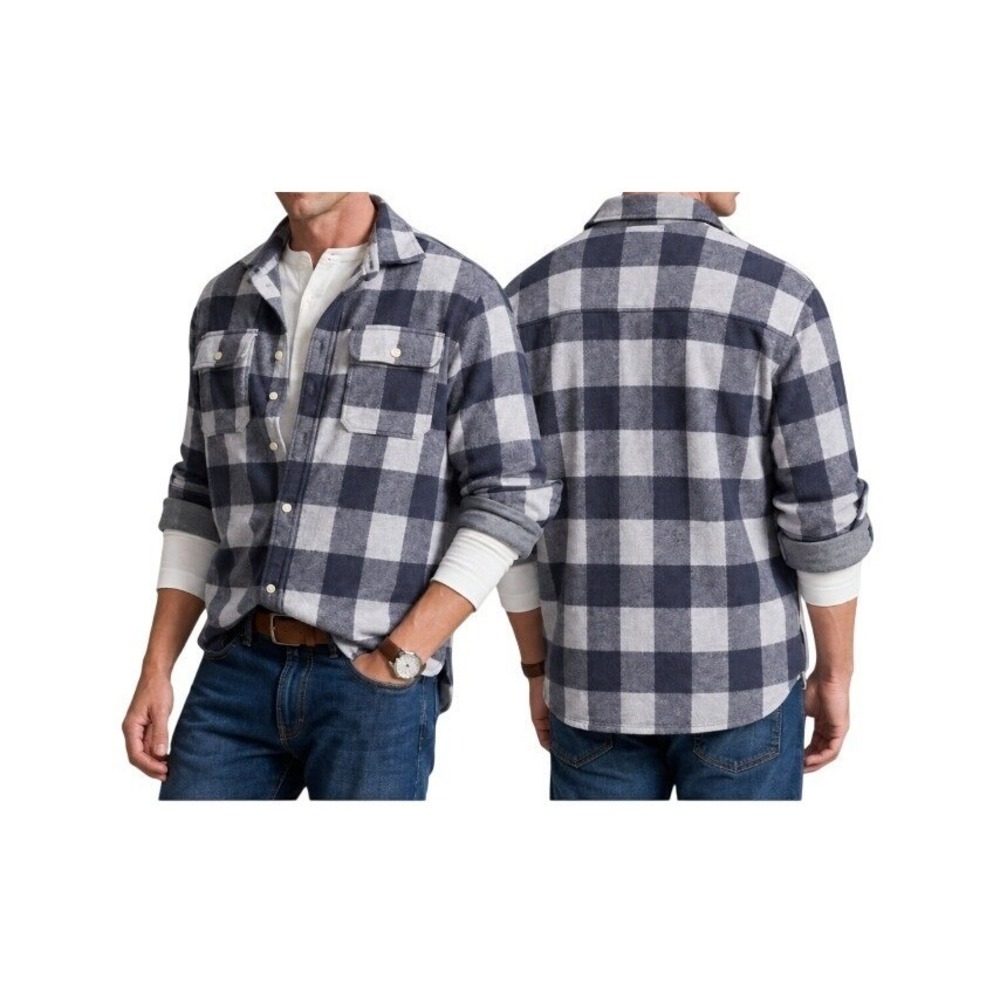 Polo Ralph Lauren Mens XL Navy Gray Plaid Knit Flannel Fleece Workshirt